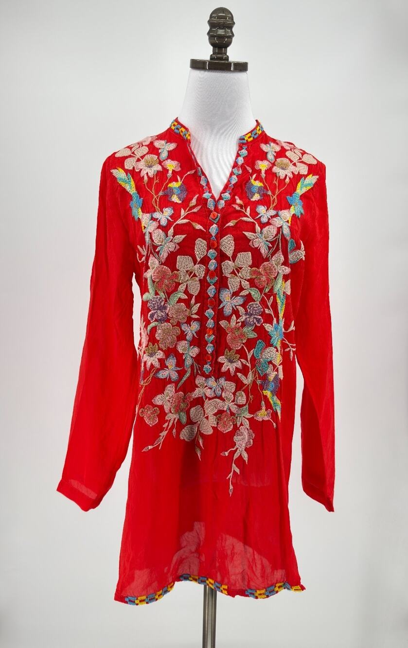 Johnny Was Red Embroidered Boho Tunic Top Size Small